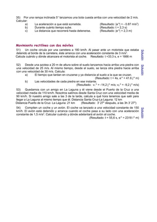 35) Por una rampa inclinada 5° lanzamos una bola cuesta arriba con una velocidad de 2 m/s. 
Calcular: 
a) La aceleración a que está sometida. (Resultado: |a| = - 0.87 m/s2) 
b) Durante cuánto tiempo sube. (Resultado: t = 2,3 s) 
c) La distancia que recorrerá hasta detenerse. (Resultado: |e| = 2,3 m) 
Movimiento rectilíneo con dos móviles 
51) Un coche circula por una carretera a 180 km/h. Al pasar ante un motorista que estaba 
detenido al borde de la carretera, éste arranca con una aceleración constante de 3 m/s2. 
Calcula cuándo y dónde alcanzara el motorista al coche. Resultado: t =33.3 s, e = 1666 m 
Solución 
52) Desde una azotea a 20 m de altura sobre el suelo lanzamos hacia arriba una piedra con 
una velocidad de 25 m/s. Al mismo tiempo, desde el suelo, se lanza otra piedra hacia arriba 
con una velocidad de 30 m/s. Calcula: 
a) El tiempo que tardan en cruzarse y ya distancia al suelo a la que se cruzan. 
(Resultado: t = 4s, e = 41.6 j m) 
b) Las velocidades de cada piedra en ese instante. 
(Resultado: v1 
 = -14,2 j m/s; v2 
 = -9,2 j m/s) 
Solución 
53) Quedamos con un amigo en La Laguna y él viene desde el Puerto de la Cruz a una 
velocidad media de 110 km/h. Nosotros salimos desde Santa Cruz con una velocidad media de 
90 km/h. Si nuestro amigo sale a las 3 de la tarde, calcula a qué hora tenemos que salir para 
llegar a La Laguna al mismo tiempo que él. Distancia Santa Cruz-La Laguna: 12 km 
Distancia Puerto de la Cruz- La Laguna: 21 km (Resultado: 3' 27" después, a las 3h 3' 27") 
54) Compiten un coche y un avión. El coche va lanzado a una velocidad constante de 150 
km/h. El avión está detenido y arranca cuando el coche pasa a su lado con una aceleración 
constante de 1,5 m/s2. Calcular cuándo y dónde adelantará el avión al coche. 
(Resultado: t = 55,6 s, e = 2318 i m) 
Solución 
