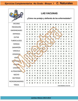 Lainitas México 2013-2014
LAS VACUNAS
¿Cómo me protejo y defiendo de las enfermedades?
VACUNAS
PREVENCIÓN
ENFERMEDADES
DEFENSAS
EVITAR
TUBERCULOSIS
PAPERAS
SARAMPIÓN
VARICELA
EPIDEMIAS
VIRUS
MORTANDAD
HIGIENE
LESIONES
ALTERACIONES
NOCIVO
BACTERIAS
MICROORGANISMOS
TÓXICA
Ejercicios Complementarios 4to Grado - Bloque 1 C. Naturales
 