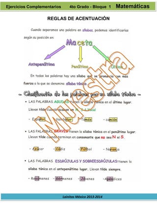 Lainitas México 2013-2014
REGLAS DE ACENTUACIÓN
Ejercicios Complementarios 4to Grado - Bloque 1 Matemáticas
 