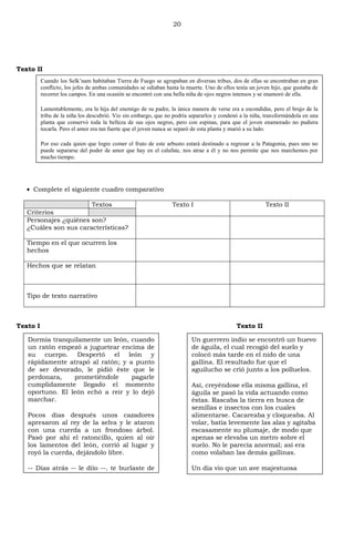 20
Texto II
Complete el siguiente cuadro comparativo
Textos Texto I Texto II
Criterios
Personajes ¿quiénes son?
¿Cuáles son sus características?
Tiempo en el que ocurren los
hechos
Hechos que se relatan
Tipo de texto narrativo
Texto I Texto II
Cuando los Selk’nam habitaban Tierra de Fuego se agrupaban en diversas tribus, dos de ellas se encontraban en gran
conflicto, los jefes de ambas comunidades se odiaban hasta la muerte. Uno de ellos tenía un joven hijo, que gustaba de
recorrer los campos. En una ocasión se encontró con una bella niña de ojos negros intensos y se enamoró de ella.
Lamentablemente, era la hija del enemigo de su padre, la única manera de verse era a escondidas, pero el brujo de la
tribu de la niña los descubrió. Vio sin embargo, que no podría separarlos y condenó a la niña, transformándola en una
planta que conservó toda la belleza de sus ojos negros, pero con espinas, para que el joven enamorado no pudiera
tocarla. Pero el amor era tan fuerte que el joven nunca se separó de esta planta y murió a su lado.
Por eso cada quien que logre comer el fruto de este arbusto estará destinado a regresar a la Patagonia, pues uno no
puede separarse del poder de amor que hay en el calafate, nos atrae a él y no nos permite que nos marchemos por
mucho tiempo.
Dormía tranquilamente un león, cuando
un ratón empezó a juguetear encima de
su cuerpo. Despertó el león y
rápidamente atrapó al ratón; y a punto
de ser devorado, le pidió éste que le
perdonara, prometiéndole pagarle
cumplidamente llegado el momento
oportuno. El león echó a reir y lo dejó
marchar.
Pocos días después unos cazadores
apresaron al rey de la selva y le ataron
con una cuerda a un frondoso árbol.
Pasó por ahí el ratoncillo, quien al oir
los lamentos del león, corrió al lugar y
royó la cuerda, dejándolo libre.
-- Días atrás -- le dijo --, te burlaste de
mí pensando que nada podría hacer por
tí en agradecimiento. Ahora es bueno
que sepas que los pequeños ratones
somos agradecidos y cumplidos.
Nunca desprecies las
Un guerrero indio se encontró un huevo
de águila, el cual recogió del suelo y
colocó más tarde en el nido de una
gallina. El resultado fue que el
aguilucho se crió junto a los polluelos.
Así, creyéndose ella misma gallina, el
águila se pasó la vida actuando como
éstas. Rascaba la tierra en busca de
semillas e insectos con los cuales
alimentarse. Cacareaba y cloqueaba. Al
volar, batía levemente las alas y agitaba
escasamente su plumaje, de modo que
apenas se elevaba un metro sobre el
suelo. No le parecía anormal; así era
como volaban las demás gallinas.
Un día vio que un ave majestuosa
planeaba por el cielo despejado.
Volaba sin casi batir sus
resplandecientes alas dejándose llevar
gallardamente por las corrientes de aire.
-¡Qué hermosa ave! -le dijo a la gallina que
se hallaba a su lado. ¿Cuál es su nombre?
 