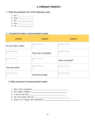 12
9. PRESENT PERFECT
1. Write the participle form of the following verbs.
1. go →______________
2. sing →______________
3. be →______________
4. buy →______________
5. do →______________
2. Complete the table in present perfect simple.
positive negative question
He has written a letter.
They have not stopped.
Have we danced?
She has worked.
Andy has not slept.
3. Write sentences in present perfect simple.
1. they / ask / a question -__________________________________
2. he / speak / English -__________________________________
3. I / be / in my room -__________________________________
4. we / not / wash / the car -__________________________________
5. Annie / not / forget / her homework -__________________________________
 