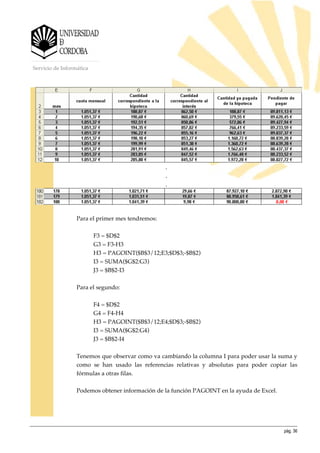 pág. 36
Servicio de Informática
.
.
.
Para el primer mes tendremos:
F3 = $D$2
G3 = F3-H3
H3 = PAGOINT($B$3/12;E3;$D$3;-$B$2)
I3 = SUMA($G$2:G3)
J3 = $B$2-I3
Para el segundo:
F4 = $D$2
G4 = F4-H4
H3 = PAGOINT($B$3/12;E4;$D$3;-$B$2)
I3 = SUMA($G$2:G4)
J3 = $B$2-I4
Tenemos que observar como va cambiando la columna I para poder usar la suma y
como se han usado las referencias relativas y absolutas para poder copiar las
fórmulas a otras filas.
Podemos obtener información de la función PAGOINT en la ayuda de Excel.
 