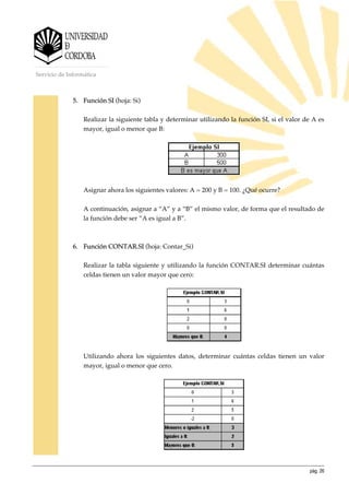 pág. 26
Servicio de Informática
5. Función SI (hoja: Si)
Realizar la siguiente tabla y determinar utilizando la función SI, si el valor de A es
mayor, igual o menor que B:
Asignar ahora los siguientes valores: A = 200 y B = 100. ¿Qué ocurre?
A continuación, asignar a “A” y a “B” el mismo valor, de forma que el resultado de
la función debe ser “A es igual a B”.
6. Función CONTAR.SI (hoja: Contar_Si)
Realizar la tabla siguiente y utilizando la función CONTAR.SI determinar cuántas
celdas tienen un valor mayor que cero:
Utilizando ahora los siguientes datos, determinar cuántas celdas tienen un valor
mayor, igual o menor que cero.
 