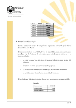 pág. 28
Servicio de Informática
9. Función PAGO (hoja: Pago)
Se va a realizar un estudio de un préstamo hipotecario, utilizando para ello la
función financiera PAGO.
El préstamo solicitado es de 90.000,00 € en 15 años. El banco nos ofrece un interés
anual del 11,5 %. Partiendo de estos datos y, suponiendo que el interés no va a
cambiar, calcular:
- La cuota mensual que deberemos de pagar a lo largo de toda la vida del
préstamo.
- El número de meses que debemos de estar pagando.
- La cantidad total que habremos pagado una vez finalizado el préstamo.
- La cantidad que se lleva el banco en cuestión de intereses.
El resultado que deberá de obtener el alumno será como muestra la siguiente tabla:
Entrada:
 