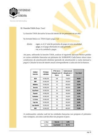 pág. 30
Servicio de Informática
10. Función TASA (hoja: Tasa)
La función TASA devuelve la tasa de interés de un préstamo en un año.
Su formato básico es: TASA (nper; pago; va)
dónde: - nper, es el nº total de periodos de pago en una anualidad.
- pago, es el pago efectuado en cada periodo.
- va, es la cantidad a pagar.
Así pues, utilizando la función TASA, realizar el siguiente ejercicio: hemos pedido
en varias entidades bancarias un préstamo de 18.000,00 €. Cada banco ofrece unas
condiciones de amortización distintas (periodo de amortización y cuota mensual a
pagar). Calcular la tasa de interés anual correspondiente a cada uno de los bancos.
A continuación, calcular cuál de las entidades bancarias nos propone el préstamo
más ventajoso, así como cuál de ellas nos propone el peor.
 