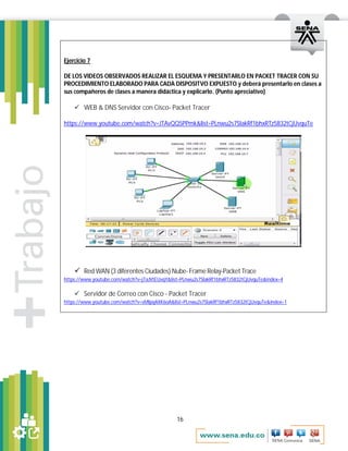 16
Ejercicio 7
DE LOS VIDEOS OBSERVADOS REALIZAR EL ESQUEMA Y PRESENTARLO EN PACKET TRACER CON SU
PROCEDIMIENTO ELABORADO PARA CADA DISPOSITVO EXPUESTO y deberá presentarlo en clases a
sus compañeros de clases a manera didáctica y explicarlo. (Punto apreciativo)
 WEB & DNS Servidor con Cisco- Packet Tracer
https://www.youtube.com/watch?v=JTAvQQ5PPmk&list=PLnwu2s7SIakRf1bhxRTz5832tCjUvquTe
 Red WAN (3 diferentes Ciudades) Nube- Frame Relay-Packet Trace
https://www.youtube.com/watch?v=jTaJVtEUvqY&list=PLnwu2s7SIakRf1bhxRTz5832tCjUvquTe&index=4
 Servidor de Correo con Cisco - Packet Tracer
https://www.youtube.com/watch?v=sMlpqAXK6oA&list=PLnwu2s7SIakRf1bhxRTz5832tCjUvquTe&index=1
 