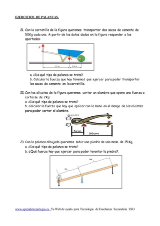 EJERCICIOS DE PALANCAS.
www.aprendetecnologia.es Tu Webde ayuda para Tecnología de Enseñanza Secundaria ESO
21. Con la carretilla de la figura queremos transportar dos sacos de cemento de
50Kg cada uno. A partir de los datos dados en la figura responder a los
apartados:
a. ¿De qué tipo de palanca se trata?
b. Calcular la fuerza que hay tenemos que ejercer para poder transportar
los sacos de cemento en la carretilla.
22. Con los alicates de la figura queremos cortar un alambre que opone una fuerza a
cortarse de 2Kg:
a. ¿De qué tipo de palanca se trata?
b. Calcular la fuerza que hay que aplicar con la mano en el mango de los alicates
para poder cortar el alambre.
23. Con la palanca dibujada queremos subir una piedra de una masa de 15 Kg,
a. ¿De qué tipo de palanca se trata?
b. ¿Qué fuerza hay que ejercer para poder levantar la piedra?.
 