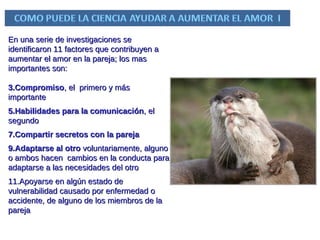 En una serie de investigaciones se identificaron 11 factores que contribuyen a aumentar el amor en la pareja; los mas importantes son: Compromiso , el  primero y más importante Habilidades para la comunicación , el segundo Compartir secretos con la pareja Adaptarse al otro  voluntariamente, alguno o ambos hacen  cambios en la conducta para adaptarse a las necesidades del otro Apoyarse en algún estado de vulnerabilidad causado por enfermedad o accidente, de alguno de los miembros de la pareja 