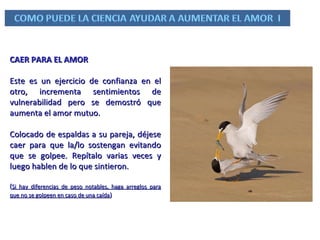 CAER PARA EL AMOR Este es un ejercicio de confianza en el otro, incrementa sentimientos de vulnerabilidad pero se demostró que aumenta el amor mutuo.  Colocado de espaldas a su pareja, déjese caer para que la/lo sostengan evitando que se golpee. Repítalo varias veces y luego hablen de lo que sintieron.  ( Si hay diferencias de peso notables, haga arreglos para que no se golpeen en caso de una caída ) 
