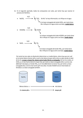 b) En el segundo apartado, todos los compuestos son sales, por tanto hay que razonar el
   proceso de hidrólisis:

                   H2O
       NaClO2                 Na+ ClO2- De Na+ no hay información, no influye en el agua

                                          Es la base conjugada del ácido HClO2, por tanto tiene
                                          Kb e influye en el agua como una base, medio básico

                    H2O
       HCOONa                  Na+ HCOO-


                                         Es la base conjugada del ácido HCOOH, por tanto tiene
                                         Kb e influye en el agua como una base, medio básico

                   H2O
       NaIO4                  Na+ IO4-


                                         Es la base conjugada del ácido HIO4, por tanto tiene
                                         Kb e influye en el agua como una base, medio básico


   Por tanto las tres sales en disolución determinan un medio básico, ahora hay que ver cuál
  es la menos básica (menor pH) y cual la más básica (mayor pH) y esto se sabe viendo el valor
  de las Ka, ya que a mayor Ka, menor será el valor Kb de su conjugada. De los tres ácidos, el
  HClO2 es el más fuerte (tiene la mayor Ka), por tanto su base conjugada (ClO2-) será la más
  débil (pH más bajo) y el ácido HIO4, es el más débil (tiene la menor Ka), por tanto su base
  conjugada (IO4-) será la más fuerte (pH más alto). El ácido HCOOH será el intermedio en
  fortaleza y su base conjugada también.




          NaClO2                    HCOONa                      NaIO4




       Menos básica a                                            más básica

        De menor pH a                                            mayor pH




                                             15
 