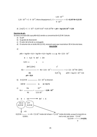 1,33 · 10-10
        1,33 · 10-10 = C · 9 · 10-10, Ahora despejamos C; C =                             ⇨ C = 0,147 M= 0,15 M
                                                                                    -10
                                                                           9 · 10


   d) [ H3O+] = C · 3 · 10-5= 0,147·3·10-5= 4,41·10-6M ⇨ pH = -log 4,41·10-6 = 5,36

Ejercicio de pK.-
Se tiene una base (B) cuya pKb=6,6) siendo su concentración 0,25 M. Calcule:
    a) Su pH
    b) Su grado de disociación
    c) El valor de la Ka de su conjugado
    d) El volumen de un ácido HA 0,15 M, necesario para que neutralicen 30 ml de esta base.
                                                SOLUCIÓN
    a)

         pKb = -log Kb⇨ 6,6 = -log Kb⇨-6,6 = log Kb                             Kb = 2,51 · 10-7

                 B + H2O  BH+ + OH-

                 0,25 – x            x                x

                      [BH+]· [OH-]                                         x2
            Kb =                         ⇨ Kb = 2,51 · 10-7 =                             ⇨ x = 2,5 · 10-4 M = [OH-]
                        [B]                                               0,25 – x          pOH = -log 2,5 · 10-4 =3,6
                     pH = 10,4

   b)     Si 0,25 M                       2,5 · 10-4 se disocian

           100 M                          α;          α = 0,1 %

   c)                 Kw                 10-14
         Ka =                    =                        = 3,98 · 10-8
                                                 -7
                      Kb             2,51·10


   d)      B     +    HA                   BH+ + A-

       30 ml          V??
     0,25 M           0,15 M


                 nB
  0,25 M =            ⇨ n B = 7,5·10-3 moles de la base = 7,5·10-3 moles de ácido, ya que la reacción es
                0,030 L                                           mol a mol, por tanto: 7,5·10-3
                                                                              0,15 M =         ; V=0,05L
                                                                                            V



                                                                 26
 