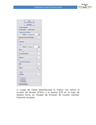 CUADERNO DE PRÁCTICAS PHOTOSHOP
6) Luego de haber desenfocado la Capa1 nos vamos al
cuadro de Niveles (Ctrl+L) y le damos 0.70 en la caja de
Medios Tonos en "Niveles de Entrada" (El cuadro central).
Pulsamos Aceptar.
 