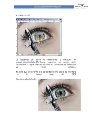 CUADERNO DE PRÁCTICAS PHOTOSHOP
Y quedaría así:
Le bajamos un poco la opacidad, y después en
Imagen/Ajustes/Brillo-Contraste jugamos un poco, pero
tendiendo a bajar siempre el brillo; la cantidad de contraste
ya verán ustedes.
Yo diría que en cuanto a la opacidad de la capa de la esfera
no le bajen más de 80%
Este sería el resultado:
 
