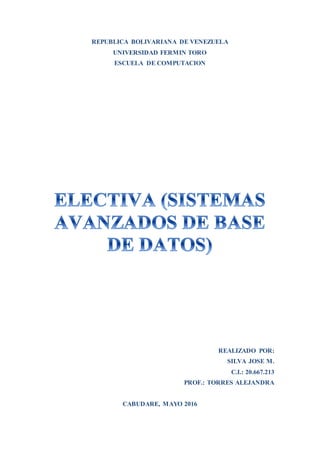 REPUBLICA BOLIVARIANA DE VENEZUELA
UNIVERSIDAD FERMIN TORO
ESCUELA DE COMPUTACION
REALIZADO POR:
SILVA JOSE M.
C.I.: 20.667.213
PROF.: TORRES ALEJANDRA
CABUDARE, MAYO 2016
 