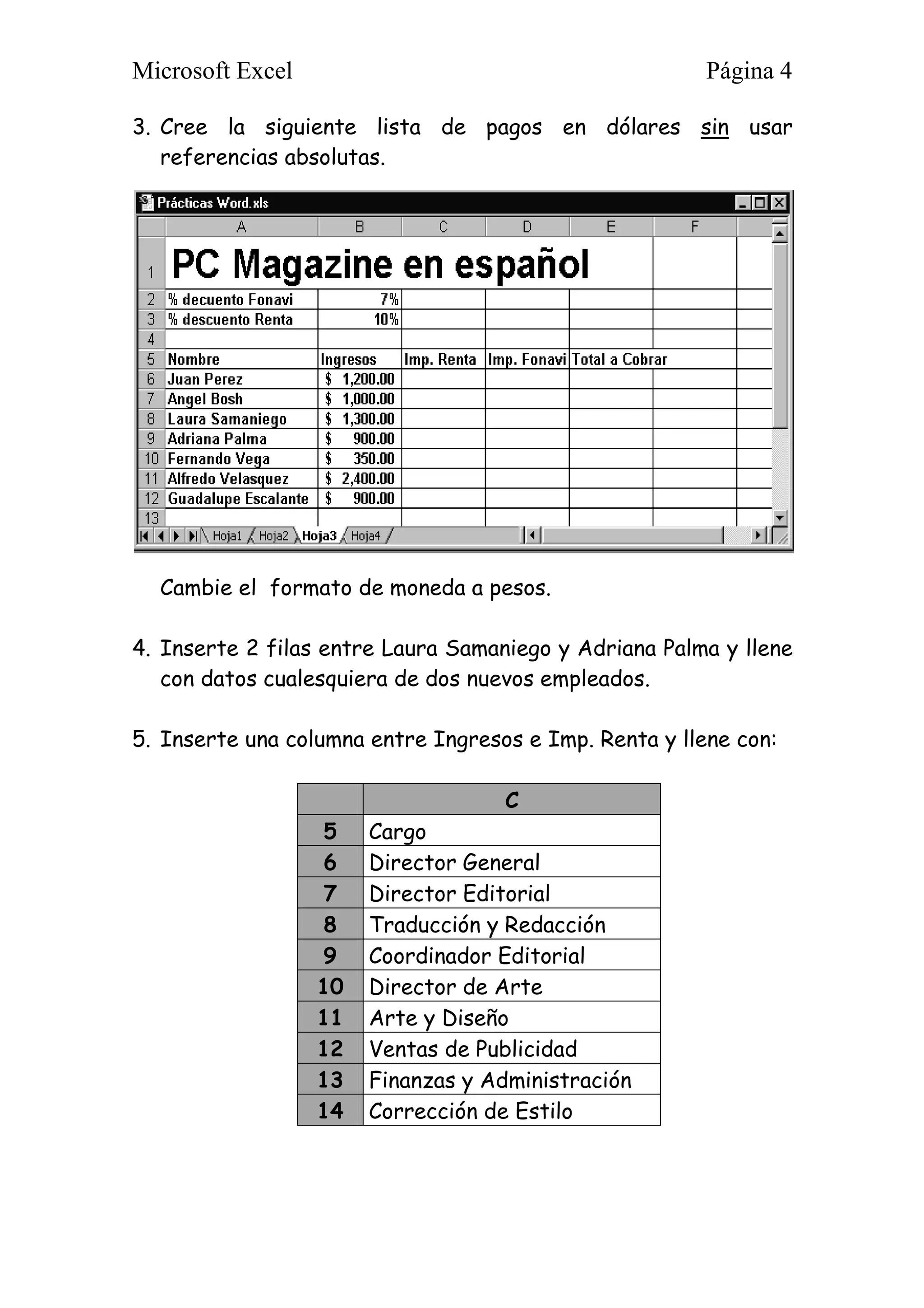Microsoft Excel Página 4
3. Cree la siguiente lista de pagos en dólares sin usar
referencias absolutas.
Cambie el formato de moneda a pesos.
4. Inserte 2 filas entre Laura Samaniego y Adriana Palma y llene
con datos cualesquiera de dos nuevos empleados.
5. Inserte una columna entre Ingresos e Imp. Renta y llene con:
C
5 Cargo
6 Director General
7 Director Editorial
8 Traducción y Redacción
9 Coordinador Editorial
10 Director de Arte
11 Arte y Diseño
12 Ventas de Publicidad
13 Finanzas y Administración
14 Corrección de Estilo
 