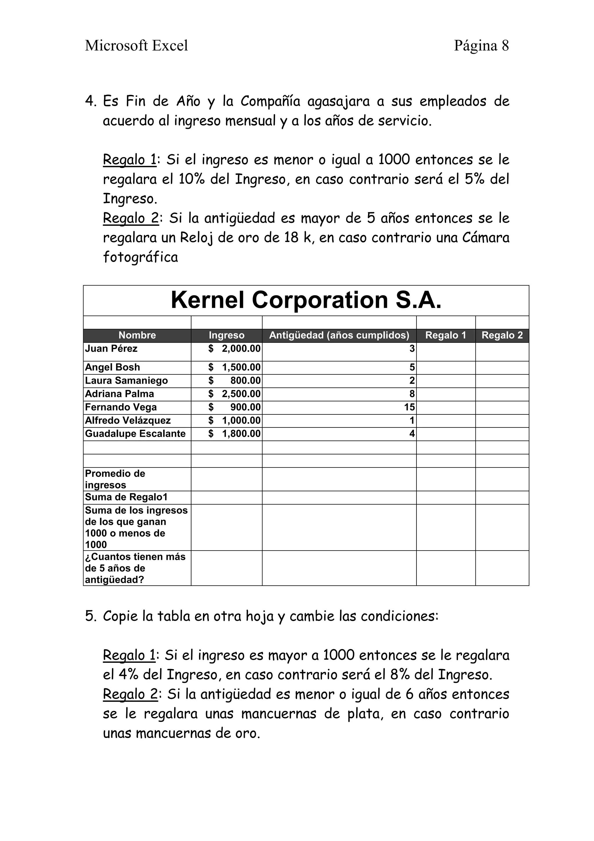Microsoft Excel Página 8
4. Es Fin de Año y la Compañía agasajara a sus empleados de
acuerdo al ingreso mensual y a los años de servicio.
Regalo 1: Si el ingreso es menor o igual a 1000 entonces se le
regalara el 10% del Ingreso, en caso contrario será el 5% del
Ingreso.
Regalo 2: Si la antigüedad es mayor de 5 años entonces se le
regalara un Reloj de oro de 18 k, en caso contrario una Cámara
fotográfica
Kernel Corporation S.A.
Nombre Ingreso Antigüedad (años cumplidos) Regalo 1 Regalo 2
Juan Pérez $ 2,000.00 3
Angel Bosh $ 1,500.00 5
Laura Samaniego $ 800.00 2
Adriana Palma $ 2,500.00 8
Fernando Vega $ 900.00 15
Alfredo Velázquez $ 1,000.00 1
Guadalupe Escalante $ 1,800.00 4
Promedio de
ingresos
Suma de Regalo1
Suma de los ingresos
de los que ganan
1000 o menos de
1000
¿Cuantos tienen más
de 5 años de
antigüedad?
5. Copie la tabla en otra hoja y cambie las condiciones:
Regalo 1: Si el ingreso es mayor a 1000 entonces se le regalara
el 4% del Ingreso, en caso contrario será el 8% del Ingreso.
Regalo 2: Si la antigüedad es menor o igual de 6 años entonces
se le regalara unas mancuernas de plata, en caso contrario
unas mancuernas de oro.
 