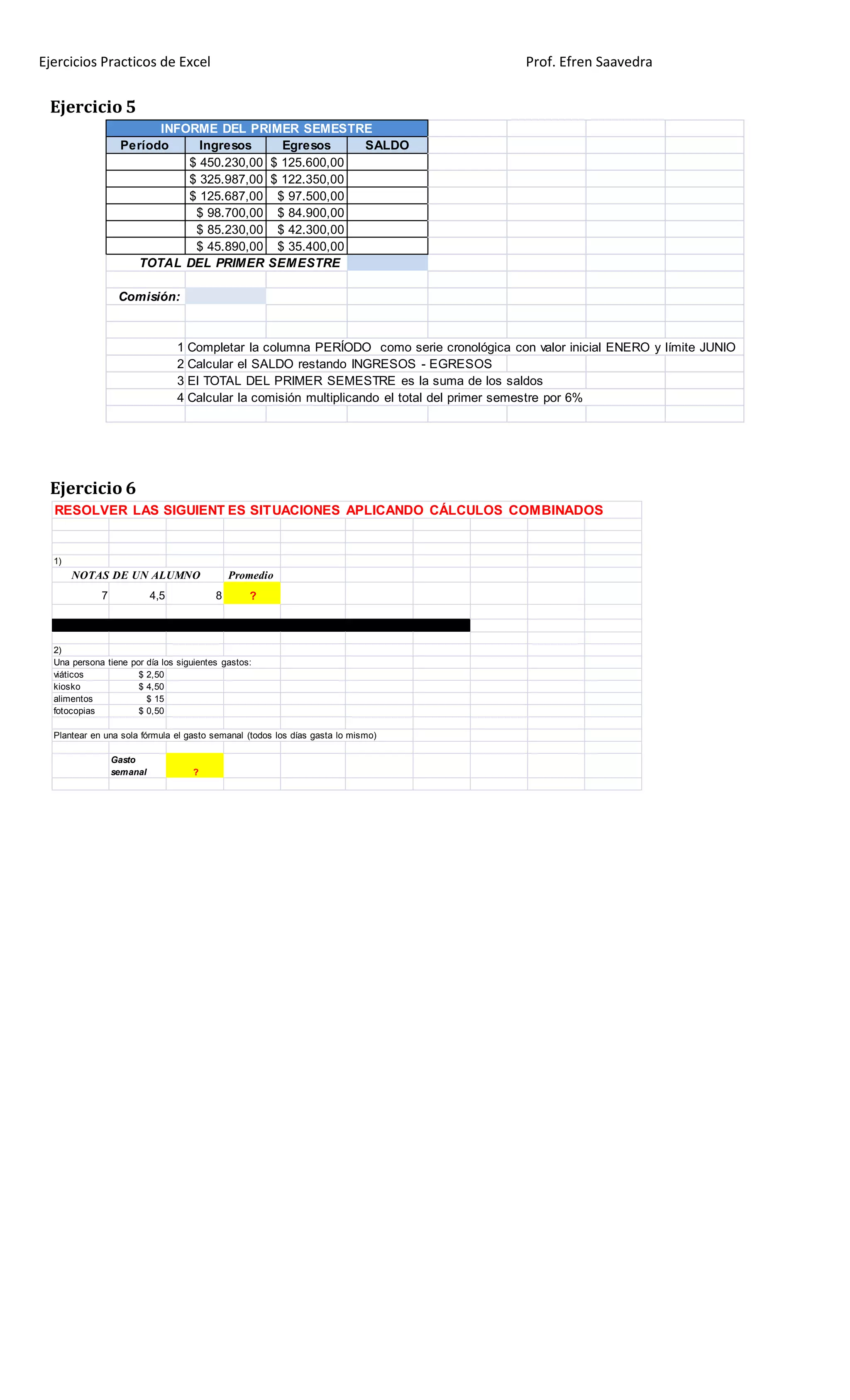 Ejercicios Practicos de Excel Prof. Efren Saavedra
Ejercicio 5
INFORME DEL PRIMER SEMESTRE
Período Ingresos Egresos SALDO
$ 450.230,00 $ 125.600,00
$ 325.987,00 $ 122.350,00
$ 125.687,00 $ 97.500,00
$ 98.700,00 $ 84.900,00
$ 85.230,00 $ 42.300,00
$ 45.890,00 $ 35.400,00
TOTAL DEL PRIMER SEMESTRE
Comisión:
1 Completar la columna PERÍODO como serie cronológica con valor inicial ENERO y límite JUNIO
2 Calcular el SALDO restando INGRESOS - EGRESOS
3 El TOTAL DEL PRIMER SEMESTRE es la suma de los saldos
4 Calcular la comisión multiplicando el total del primer semestre por 6%
Ejercicio 6
RESOLVER LAS SIGUIENT ES SITUACIONES APLICANDO CÁLCULOS COMBINADOS
1)
NOTAS DE UN ALUMNO Promedio
7 4,5 8 ?
2)
Una persona tiene por día los siguientes gastos:
viáticos $ 2,50
kiosko $ 4,50
alimentos $ 15
fotocopias $ 0,50
Plantear en una sola fórmula el gasto semanal (todos los días gasta lo mismo)
Gasto
semanal ?
 