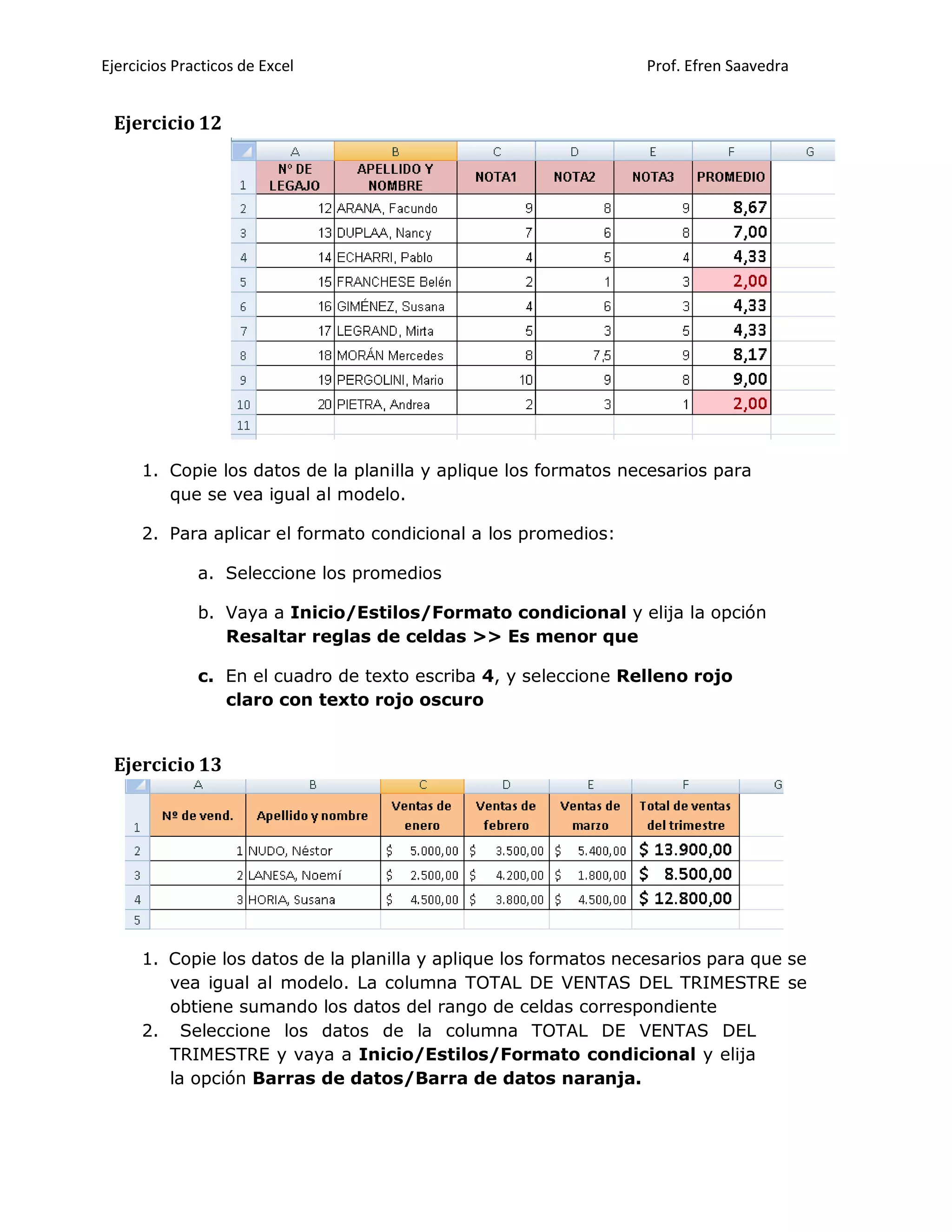 Ejercicios Practicos de Excel Prof. Efren Saavedra
Ejercicio 12
1. Copie los datos de la planilla y aplique los formatos necesarios para
que se vea igual al modelo.
2. Para aplicar el formato condicional a los promedios:
a. Seleccione los promedios
b. Vaya a Inicio/Estilos/Formato condicional y elija la opción
Resaltar reglas de celdas >> Es menor que
c. En el cuadro de texto escriba 4, y seleccione Relleno rojo
claro con texto rojo oscuro
Ejercicio 13
1. Copie los datos de la planilla y aplique los formatos necesarios para que se
vea igual al modelo. La columna TOTAL DE VENTAS DEL TRIMESTRE se
obtiene sumando los datos del rango de celdas correspondiente
2. Seleccione los datos de la columna TOTAL DE VENTAS DEL
TRIMESTRE y vaya a Inicio/Estilos/Formato condicional y elija
la opción Barras de datos/Barra de datos naranja.
 