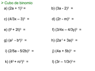 Cubo de binomio a) (2a + 1) 3  =  b) (3a - 2) 3   = c) (4/3x – 3) 3   =  d) (2r - m) 3   = e) (t 5  + 2t) 3   =  f) (3/4x – 4/3y) 3   = g) (a 2  - b 4 ) 3   =  h) (2a -1  + 3a) 3   = i) (2/5a - 5/2b) 3   =  j) (4a + 5b) 3   = k) (4 2  + rc 2 ) 3   =  l) (3r – 1/3r) 3  =  