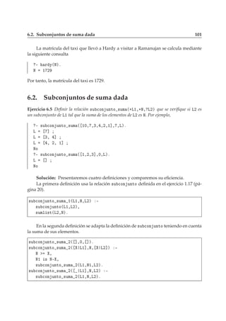 6.2. Subconjuntos de suma dada 101
La matrícula del taxi que llevó a Hardy a visitar a Ramanujan se calcula mediante
la siguiente consulta
¹ Ö Ý´Æµº
Æ ½ ¾
Por tanto, la matrícula del taxi es 1729.
6.2. Subconjuntos de suma dada
Ejercicio 6.5 Deﬁnir la relación ×Ù 
ÓÒ ÙÒØÓ ×ÙÑ ´·Ä½¸·Æ¸ Ä¾µ que se veriﬁque si Ä¾ es
un subconjunto de Ä½ tal que la suma de los elementos de Ä¾ es Æ. Por ejemplo,
¹ ×Ù 
ÓÒ ÙÒØÓ ×ÙÑ ´ ½¼¸ ¸¿¸ ¸¾¸½℄¸ ¸Äµº
Ä ℄
Ä ¿¸ ℄
Ä ¸ ¾¸ ½℄
ÆÓ
¹ ×Ù 
ÓÒ ÙÒØÓ ×ÙÑ ´ ½¸¾¸¿℄¸¼¸Äµº
Ä ℄
ÆÓ
Solución: Presentaremos cuatro deﬁniciones y comparemos su eﬁciencia.
La primera deﬁnición usa la relación ×Ù 
ÓÒ ÙÒØÓ deﬁnida en el ejercicio 1.17 (pá-
gina 20).
×Ù 
ÓÒ ÙÒØÓ ×ÙÑ ½´Ä½¸Æ¸Ä¾µ ¹
×Ù 
ÓÒ ÙÒØÓ´Ä½¸Ä¾µ¸
×ÙÑÐ ×Ø´Ä¾¸Æµº
En la segunda deﬁnición se adapta la deﬁnición de ×Ù 
ÓÒ ÙÒØÓ teniendo en cuenta
la suma de sus elementos.
×Ù 
ÓÒ ÙÒØÓ ×ÙÑ ¾´ ℄¸¼¸ ℄µº
×Ù 
ÓÒ ÙÒØÓ ×ÙÑ ¾´ Ä½℄¸Æ¸ Ä¾℄µ ¹
Æ ¸
Æ½ × Æ¹ ¸
×Ù 
ÓÒ ÙÒØÓ ×ÙÑ ¾´Ä½¸Æ½¸Ä¾µº
×Ù 
ÓÒ ÙÒØÓ ×ÙÑ ¾´ Ä½℄¸Æ¸Ä¾µ ¹
×Ù 
ÓÒ ÙÒØÓ ×ÙÑ ¾´Ä½¸Æ¸Ä¾µº
 