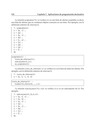 118 Capítulo 7. Aplicaciones de programación declarativa
La relación 
 ÔØ Ð ´ Äµ se veriﬁca si Ä es una lista de ofertas aceptable; es decir,
una lista de ofertas que no contienen objetos comunes en sus lotes. Por ejemplo, con la
deﬁnición anterior de Ó ÖØ ×»¿,
¹ 
 ÔØ Ð ´Äµº
Ä ¸ 
℄
Ä ℄
Ä ¸ 
℄
Ä ℄
Ä 
¸ ℄
Ä 
℄
Ä ℄
Ä ℄
Ä ℄
ÆÓ

 ÔØ Ð ´Äµ ¹
Ð ×Ø Ó ÖØ ×´Ä½µ¸
×Ù 
ÓÒ ÙÒØÓ´Ä¸Ä½µ¸
× 
 ÔØ Ð ´Äµº
La relación Ð ×Ø Ó ÖØ ×´¹Äµ se veriﬁca si Ä es la lista de todas las ofertas. Por
ejemplo, con la deﬁnición anterior de Ó ÖØ ×»¿,
¹ Ð ×Ø Ó ÖØ ×´Äµº
Ä ¸ ¸ 
¸ ¸ ℄
Ð ×Ø Ó ÖØ ×´Äµ ¹
Ò ÐÐ´Ç¸Ó ÖØ ´Ç¸ ¸ µ¸Äµº
La relación ×Ù 
ÓÒ ÙÒØÓ´ Ä½¸·Ä¾µ se veriﬁca si Ä½ es un subconjunto de Ä¾. Por
ejemplo,
¹ ×Ù 
ÓÒ ÙÒØÓ´Ä¸ ¸ ¸
℄µº
Ä ¸ ¸ 
℄
Ä ¸ ℄
Ä ¸ 
℄
Ä ℄
Ä ¸ 
℄
Ä ℄
Ä 
℄
Ä ℄
ÆÓ
 