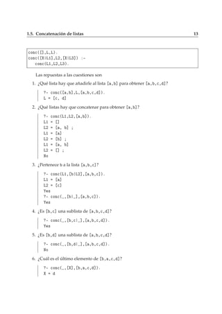 1.5. Concatenación de listas 13

ÓÒ
´ ℄¸Ä¸Äµº

ÓÒ
´ Ä½℄¸Ä¾¸ Ä¿℄µ ¹

ÓÒ
´Ä½¸Ä¾¸Ä¿µº
Las repuestas a las cuestiones son
1. ¿Qué lista hay que añadirle al lista ¸ ℄ para obtener ¸ ¸
¸ ℄?
¹ 
ÓÒ
´ ¸ ℄¸Ä¸ ¸ ¸
¸ ℄µº
Ä 
¸ ℄
2. ¿Qué listas hay que concatenar para obtener ¸ ℄?
¹ 
ÓÒ
´Ä½¸Ä¾¸ ¸ ℄µº
Ä½ ℄
Ä¾ ¸ ℄
Ä½ ℄
Ä¾ ℄
Ä½ ¸ ℄
Ä¾ ℄
ÆÓ
3. ¿Pertenece a la lista ¸ ¸
℄?
¹ 
ÓÒ
´Ä½¸ Ä¾℄¸ ¸ ¸
℄µº
Ä½ ℄
Ä¾ 
℄
×
¹ 
ÓÒ
´ ¸ ℄¸ ¸ ¸
℄µº
×
4. ¿Es ¸
℄ una sublista de ¸ ¸
¸ ℄?
¹ 
ÓÒ
´ ¸ ¸
 ℄¸ ¸ ¸
¸ ℄µº
×
5. ¿Es ¸ ℄ una sublista de ¸ ¸
¸ ℄?
¹ 
ÓÒ
´ ¸ ¸ ℄¸ ¸ ¸
¸ ℄µº
ÆÓ
6. ¿Cuál es el último elemento de ¸ ¸
¸ ℄?
¹ 
ÓÒ
´ ¸ ℄¸ ¸ ¸
¸ ℄µº
 