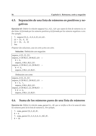 56 Capítulo 4. Retroceso, corte y negación
4.5. Separación de una lista de números en positivos y ne-
gativos
Ejercicio 4.5 Deﬁnir la relación × Ô Ö ´·Ä½¸·Ä¾¸¹Ä¿µ que separa la lista de números Ä½ en
dos listas: Ä¾ formada por los números positivos y Ä¿ formada por los números negativos o cero.
Por ejemplo,
¹ × Ô Ö ´ ¾¸¼¸¹¿¸ ¸¼¸¾℄¸Ä¾¸Ä¿µº
Ä¾ ¾¸ ¸ ¾℄
Ä¿ ¼¸ ¹¿¸ ¼℄
×
Proponer dos soluciones, una sin corte y otra con corte.
Solución: Deﬁnición con negación:
× Ô Ö ½´ ℄¸ ℄¸ ℄µº
× Ô Ö ½´ Æ ÊÄ½℄¸ Æ ÊÄ¾℄¸Ä¿µ ¹
Æ ¼¸
× Ô Ö ½´ÊÄ½¸ÊÄ¾¸Ä¿µº
× Ô Ö ½´ Æ ÊÄ½℄¸Ä¾¸ Æ ÊÄ¿℄µ ¹
Æ ¼¸
× Ô Ö ½´ÊÄ½¸Ä¾¸ÊÄ¿µº
Deﬁnición con corte:
× Ô Ö ¾´ ℄¸ ℄¸ ℄µº
× Ô Ö ¾´ Æ ÊÄ½℄¸ Æ ÊÄ¾℄¸Ä¿µ ¹
Æ ¼¸ ¸
× Ô Ö ¾´ÊÄ½¸ÊÄ¾¸Ä¿µº
× Ô Ö ¾´ Æ ÊÄ½℄¸Ä¾¸ Æ ÊÄ¿℄µ ¹
± Æ ¼¸
× Ô Ö ¾´ÊÄ½¸Ä¾¸ÊÄ¿µº
4.6. Suma de los números pares de una lista de números
Ejercicio 4.6 Deﬁnir la relación ×ÙÑ Ô Ö ×´·Ä¸¹Æµ que se veriﬁca si Æ es la suma de todos
los números pares de la lista de números Ä. Por ejemplo,
¹ ×ÙÑ Ô Ö ×´ ¾¸¿¸ ℄¸Æµº
Æ
¹ ×ÙÑ Ô Ö ×´ ½¸¿¸ ¸ ¸ ¸½½¸¾ ℄¸Æµº
Æ ¿¼
 
