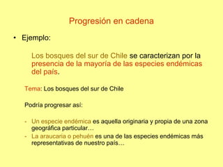 Progresión en cadena
• Ejemplo:
Los bosques del sur de Chile se caracterizan por la
presencia de la mayoría de las especies endémicas
del país.
Tema: Los bosques del sur de Chile
Podría progresar así:
- Un especie endémica es aquella originaria y propia de una zona
geográfica particular…
- La araucaria o pehuén es una de las especies endémicas más
representativas de nuestro país…
 