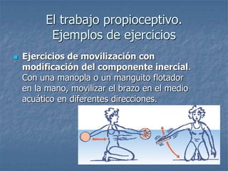 El trabajo propioceptivo.
          Ejemplos de ejercicios
   Ejercicios de movilización con
    modificación del componente inercial.
    Con una manopla o un manguito flotador
    en la mano, movilizar el brazo en el medio
    acuático en diferentes direcciones.
 