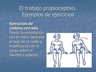 El trabajo propioceptivo.
          Ejemplos de ejercicios
   Ejercicios de
    cadena cerrada.
    Desde la sedestación
    con la mano apoyada
    al lado de la cadera,
    modificación de la
    carga sobre el
    miembro superior.
 