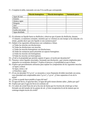 31.- Completa la tabla, marcando con una X la casilla que corresponda:

                          Mezcla homogénea         Mezcla heterogénea        Sustancia pura
     Agua de mar
     Granito
     Arena y agua
     Oxígeno
     Aire
     Hierro
     Leche con cacao
     Agua destilada

32.- Si calientas un líquido hasta su ebullición y observas que el punto de ebullición, durante
     15 minutos, se mantiene constante, mientras que su volumen en este tiempo se ha reducido a la
     mitad, ¿puedes decir que este líquido es una sustancia pura?
33.- Señala si las siguientes afirmaciones son verdaderas o falsas.
      a) Todas las mezclas son disoluciones.
      b) Todas las disoluciones son mezclas.
      c) Todas las mezclas homogéneas son disoluciones.
      d) Todas las sustancias puras presentan un aspecto homogéneo.
      e) Todas las mezclas son homogéneas.
      f) Todas las mezclas son heterogéneas.
34.- ¿Cuál es la propiedad que permite separar el agua y el aceite por decantación?
35.- Tenemos varios líquidos mezclados, formando una disolución, ¿qué sistema emplearías para
     separarlos en recipientes distintos?. Explica el proceso y la propiedad en que te basas.
36.- Explica qué procedimiento utilizarías para separar los componentes de las siguientes mezclas:
      a) Agua y azúcar.
      b) Agua, arena y sal
      c) Gasolina y agua
37.- El oro de densidad 19,3 g/cm3, se encuentra a veces finamente dividido mezclado con arena,
     cuya densidad está comprendida entre 2 g/cm3 y 3 g/cm3. ¿Cómo separarías el oro de la
     arena?
38.- ¿Cómo se puede hacer potable el agua del mar?
39.- El agua de lluvia, el agua hervida y el agua del grifo tienen distinto sabor. ¿Sabes por qué?
40.- Explica por qué el agua de lluvia no contiene sal.
41.- Un salero de cristal lleno de sal se ha roto de forma que los trocitos de cristal que se han
     formado son del tamaño de los granos de sal. ¿Cómo recuperarías la sal de manera que no
     contenga ningún trocito de cristal?
 