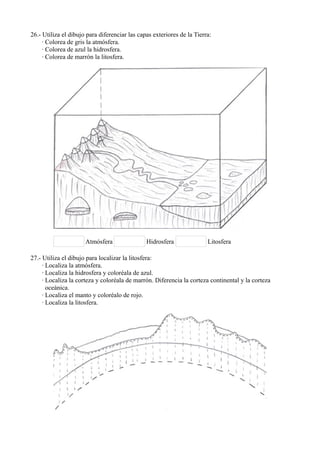 26.- Utiliza el dibujo para diferenciar las capas exteriores de la Tierra:
     · Colorea de gris la atmósfera.
     · Colorea de azul la hidrosfera.
     · Colorea de marrón la litosfera.




                      Atmósfera                Hidrosfera               Litosfera

27.- Utiliza el dibujo para localizar la litosfera:
     · Localiza la atmósfera.
     · Localiza la hidrosfera y coloréala de azul.
     · Localiza la corteza y coloréala de marrón. Diferencia la corteza continental y la corteza
       oceánica.
     · Localiza el manto y coloréalo de rojo.
     · Localiza la litosfera.
 