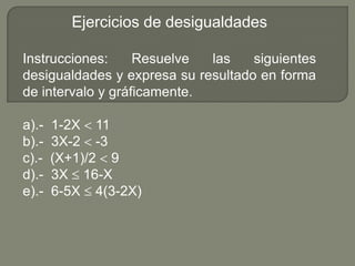 Ejercicios de desigualdades

Instrucciones:     Resuelve  las    siguientes
desigualdades y expresa su resultado en forma
de intervalo y gráficamente.

a).-   1-2X 11
b).-   3X-2 -3
c).-   (X+1)/2 9
d).-   3X 16-X
e).-   6-5X 4(3-2X)
 