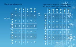 V
1
V
2
V
3
V
4
V
5
V
6
V
1
0 1 1 0 1 0
V
2
0 0 1 1 0 1
V
3
0 0 0 1 1 0
V
4
1 0 0 0 0 1
V
5
0 1 0 1 0 1
V
6
0 0 0 0 1 0
Matriz de adyacencia
Ma(D)=
V
1
V
2
V
3
V
4
V
5
V
6
V
1
0 0 1 1 1 1
V
2
1 0 0 1 1 1
V
3
1 1 0 1 0 1
V
4
0 1 1 0 1 0
V
5
1 0 1 1 1 1
V
6
0 1 0 1 0 1
Elevamos la matriz al cuadrado para
encontrar los caminos de tamaño dos
(02)
M
(D)=
2
 