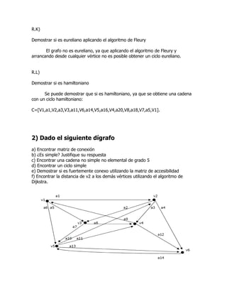 R.K)

Demostrar si es eureliano aplicando el algoritmo de Fleury

       El grafo no es eureliano, ya que aplicando el algoritmo de Fleury y
arrancando desde cualquier vértice no es posible obtener un ciclo eureliano.


R.L)

Demostrar si es hamiltoniano

      Se puede demostrar que si es hamiltoniano, ya que se obtiene una cadena
con un ciclo hamiltoniano:

C=[V1,a1,V2,a3,V3,a11,V6,a14,V5,a16,V4,a20,V8,a18,V7,a5,V1].




2) Dado el siguiente dígrafo
a) Encontrar matriz de conexión
b) ¿Es simple? Justifique su respuesta
c) Encontrar una cadena no simple no elemental de grado 5
d) Encontrar un ciclo simple
e) Demostrar si es fuertemente conexo utilizando la matriz de accesibilidad
f) Encontrar la distancia de v2 a los demás vértices utilizando el algoritmo de
Dijkstra.
 