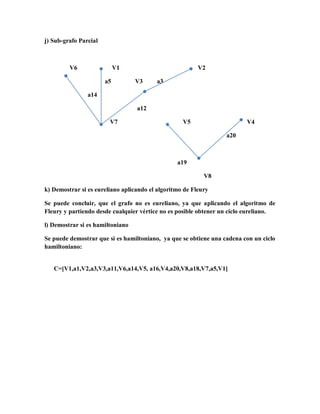 j) Sub-grafo Parcial



         V6                 V1                           V2

                       a5         V3     a3

                a14

                                  a12

                        V7                         V5                    V4

                                                                  a20



                                                 a19

                                                           V8

k) Demostrar si es eureliano aplicando el algoritmo de Fleury

Se puede concluir, que el grafo no es eureliano, ya que aplicando el algoritmo de
Fleury y partiendo desde cualquier vértice no es posible obtener un ciclo eureliano.

l) Demostrar si es hamiltoniano

Se puede demostrar que si es hamiltoniano, ya que se obtiene una cadena con un ciclo
hamiltoniano:


   C=[V1,a1,V2,a3,V3,a11,V6,a14,V5, a16,V4,a20,V8,a18,V7,a5,V1]
 