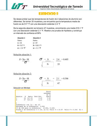 Universidad Tecnológica de Torreón
Organismo Público Descentralizado del Gobierno de Coahuila

Ejercicio 8
Se desea probar que las temperaturas de fusión de 2 aleaciones de aluminio son
diferentes. Se toman 35 muestras y se encuentra que la temperatura media de
fusión es de 517 °F con una desviación estándar 2.4 °F
De la segunda aleación se tomaron 47 muestras, encontrando una media 510.1 °F
con una desviación estándar 2.1 °F. Realice una prueba de hipótesis y construya
un intervalo de confianza al 99%
Aleación 1
Datos:
n = 35
X = 517 °F

Aleación 2
Datos:
n = 47
X = 510.1 °F

F

F

Solución aleación 1:
Z= Xo - M

= S

=

N

2.4 = 0.405
35

Solución aleación 2:
Z= Xo - M

= S
N

Solución en Minitab

=

2.1 = 0.306
47

 