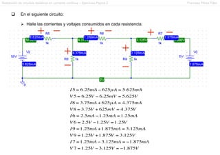 Resolución de circuitos resistivos en corriente continua – Ejercicios Pspice 2 Francesc Pérez Fdez
q  En el siguiente circuito:
Ø  Halle las corrientes y voltajes consumidos en cada resistencia.
I5 = 6.25mA − 625µA = 5.625mA
V 5 = 6.25V − 6.25mV = 5.625V
I8 = 3.75mA + 625µA = 4.375mA
V8 = 3.75V + 625mV = 4.375V
I6 = 2.5mA −1.25mA =1.25mA
V 6 = 2.5V −1.25V =1.25V
I9 =1.25mA +1.875mA = 3.125mA
V 9 =1.25V +1.875V = 3.125V
I 7 =1.25mA − 3.125mA = −1.875mA
V 7 =1.25V − 3.125V = −1.875V
 