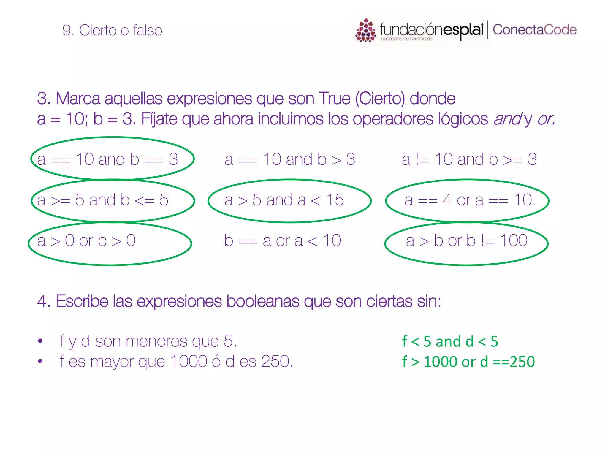3. Marca aquellas expresiones que son True (Cierto) donde
a = 10; b = 3. Fíjate que ahora incluimos los operadores lógicos and y or.
a == 10 and b == 3 a == 10 and b > 3 a != 10 and b >= 3
a >= 5 and b <= 5 a > 5 and a < 15 a == 4 or a == 10
a > 0 or b > 0 b == a or a < 10 a > b or b != 100
4. Escribe las expresiones booleanas que son ciertas sin:
• f y d son menores que 5. f < 5 and d < 5
• f es mayor que 1000 ó d es 250. f > 1000 or d ==250
9. Cierto o falso
 