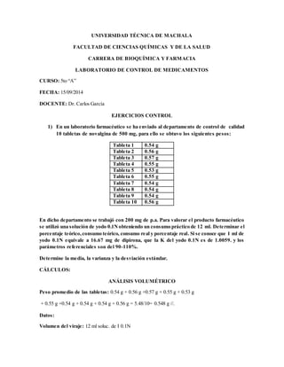 UNIVERSIDAD TÉCNICA DE MACHALA 
FACULTAD DE CIENCIAS QUÍMICAS Y DE LA SALUD 
CARRERA DE BIOQUÍMICA Y FARMACIA 
LABORATORIO DE CONTROL DE MEDICAMENTOS 
CURSO: 5to “A” 
FECHA: 15/09/2014 
DOCENTE: Dr. Carlos García 
EJERCICIOS CONTROL 
1) En un laboratorio farmacéutico se ha enviado al departamento de control de calidad 
10 tabletas de novalgina de 500 mg, para ello se obtuvo los siguientes pesos: 
Tableta 1 0.54 g 
Tableta 2 0.56 g 
Tableta 3 0.57 g 
Tableta 4 0.55 g 
Tableta 5 0.53 g 
Tableta 6 0.55 g 
Tableta 7 0.54 g 
Tableta 8 0.54 g 
Tableta 9 0.54 g 
Tableta 10 0.56 g 
En dicho departamento se trabajó con 200 mg de p.a. Para valorar el producto farmacéutico 
se utilizó una solución de yodo 0.1N obteniendo un consumo práctico de 12 ml. Determinar el 
porcentaje teórico, consumo teórico, consumo real y porcentaje real. Si se conoce que 1 ml de 
yodo 0.1N equivale a 16.67 mg de dipirona, que la K del yodo 0.1N es de 1.0059. y los 
parámetros referenciales son del 90-110%. 
Determine la media, la varianza y la desviación estándar. 
CÁLCULOS: 
ANÁLISIS VOLUMÉTRICO 
Peso promedio de las tabletas: 0.54 g + 0.56 g +0.57 g + 0.55 g + 0.53 g 
+ 0.55 g +0.54 g + 0.54 g + 0.54 g + 0.56 g = 5.48/10= 0.548 g //. 
Datos: 
Volumen del viraje: 12 ml soluc. de I 0.1N 
 
