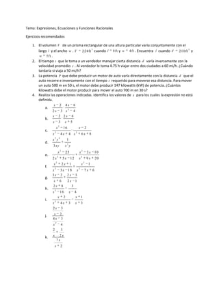 Tema: Expresiones, Ecuaciones y Funciones Racionales Ejercicos recomendados ,[object Object]