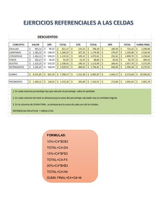 FORMULAS: 
10%=C4*$D$3 
TOTAL=C4-D4 
15%=C4*$F$3 
TOTAL=C4-F4 
20%=C4*$H$3 
TOTAL=C4-H4 
SUMA FINAL=E4+G4+I4 
 