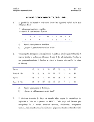 DuocUC EST-500
Programa de Matemática Estadística II
GUIA DE EJERCICIOS DE REGRESIÓN LINEAL
1. El gerente de una tienda de televisores observa las siguientes ventas en 10 días
diferentes, donde :
Y = número de televisores vendidos
x = número de representantes de venta
Y 3 6 10 5 10 12 5 10 10 8
x 1 1 1 2 2 2 3 3 3 2
a) Realice un diagrama de dispersión.
b) ¿Sugiere la gráfica una asociación lineal?
2. Una compañía de seguros desea determinar el grado de relación que existe entre el
ingreso familiar x y el monto del seguro de vida Y del jefe de familia. Con base a
una muestra aleatoria de 18 familias, se obtuvo la siguiente información. (en miles
de dólares)
a) Realice un diagrama de dispersión.
b) ¿Sugiere la gráfica una asociación lineal?
3. El siguiente conjunto de datos era tomado sobre grupos de trabajadoras de
Inglaterra y Galés en el período de 1970-72. Cada grupo está formado por
trabajadores de la misma profesión (médicos, decoradores, trabajadores
textiles,...etc.), en cada uno de los veinticinco grupos muestreados se han observado
Ingreso 45 20 40 40 47 30 25 20 15
Seguro de Vida 70 50 60 50 90 55 55 35 40
Ingreso 35 40 55 50 60 15 30 35 45
Seguro de Vida 65 75 105 110 120 30 40 65 80
 