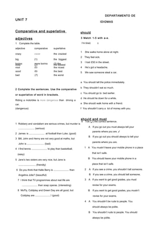 boring more boring (3) the
nice (5) the nicest
good (6) the best
bad (7) the worst
UNIT 7
Comparative and superlative
adjectives
1 Complete the table.
adjective comparative superlative
crazy crazier the craziest
big (1) the biggest
busy (2) the busiest
2 Complete the sentences. Use the comparative
or superlative of word in brackets.
Riding a motorbike is more dangerous than driving a
car.
(dangerous)
DEPARTAMENTO DE
IDIOMAS
should
3 Match 1-5 with a-e.
I’m tired. c
1 She walks home alone at night.
2 They feel sick.
3 I lost £50 in the street.
4 He’s got a headache.
5 We saw someone steal a car.
a You should tell the police immediately.
b They shouldn’t eat so much.
c You should go to bed earlier.
d He should lie down for a while.
e She should walk home with a friend.
f You shouldn’t carry a lot of money with you.
should and must
1 Robbery and vandalism are serious crimes, but murder is
4 Tick (✓) the correct sentence.
.......................... (serious)
2 James is ......................... at football than Luke. (good)
3 Bill, John and Henry are not very good at maths, but
John is .......................... (bad)
4 I find tennis ......................... to play than basketball.
(easy)
5 Jane’s two sisters are very nice, but Jane is
.......................... (friendly)
6 Do you think that Halle Berry is ......................... than
Angelina Jolie? (beautiful)
7 I think that TV programmes about real life are
......................... than soap operas. (interesting)
8 McFly, Coldplay and Green Day are all good, but
Coldplay are .........................! (good)
A If you go out you must always tell your
parents where you are. ✓
B If you go out you should always to tell your
parents where you are.
1 A You mustn’t leave your mobile phone in a place
that isn’t safe.
B You should leave your mobile phone in a
place that isn’t safe.
2 A If you see a crime, you shouldn’t tell someone.
B If you see a crime, you should tell someone.
3 A If you want to get good grades, you must
revise for your exams.
B If you want to get good grades, you mustn’t
revise for your exams.
4 A You shouldn’t be rude to people. You
should always be polite.
B You shouldn’t rude to people. You should
always be polite.
 