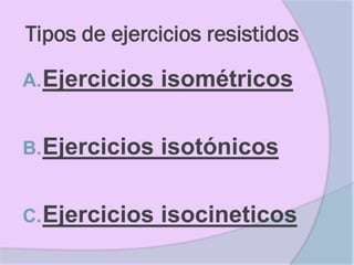 Tipos de ejercicios resistidos

A. Ejercicios   isométricos

B. Ejercicios   isotónicos

C. Ejercicios   isocineticos
 