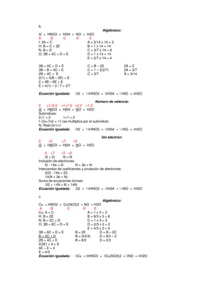 b.
                                  Algebraico:
I2 + HNO3 = HI04 + NO + H2O
A       B      C   D     E
I: 2A = C               A = 3/14 x 14 = 3
H: B = C + 2E           B = 1 x 14 = 14
N: B = D                C = 3/7 x 14 = 6
O: 3B = 4C + D + E      D = 1 x 14 = 14
                        E = 2/7 x 14 = 4

3B = 4C + D + E                C = B – 2E               2A = C
3B – B = 4C + E                C = 1 – 2(2/7)           2A = 3/7
2B = 4C + E                    C = 3/7                  A = 3/14
2(1) = 4(B – 2E) + E
2 = 4B – 8E + E
E = 4(1) – 2 / 7 = 2/7

Ecuación igualada:       3I2 + 14HNO3 = 6HI04 + 14NO + 4H2O

                                      Número de valencia:
0    +1+5-2 +1+7-2 +2-2 +1-2
I2 + HNO3 = HI04 + NO + H2O
Subíndices:
2+1 = 3         1+1 = 2
I: Ox=7x2 = 14 (se multiplica por el subíndice)
N: Red=3x1=3
Ecuación igualada:      3I2 + 14HNO3 = 6HI04 + 14NO + 4H2O

                                        Ión electrón:
0    +5    +7     +2
I2 + HNO3 = HI04 + NO + H2O

    0 +7       +5 +2
    I2 = 2I      N=N
Inclusión de electrones:
    I2 - 14e = 2I        N + 3e = N
Intercambio de coeficientes y anulación de electrones:
    3(I2 - 14e = 2I)
    14(N + 3e = N)
Suma de ecuaciones iónicas:
    3I2 + 14N = 6I + 14N
Ecuación igualada:       3I2 + 14HNO3 = 6HI04 + 14NO + 4H2O

c.
                                     Algebraico:
Cu + HNO3 = Cu(NO3)2 + NO + H2O
A       B        C      D      E
Cu: A = C                  A=1x3=3
H: B = 2E                  B = 8/3 x 3 = 8
N: B = 2C + D              C=1x3=3
O: 3B = 6C + D + E         D = 2/3 x 3 = 2
                           E = 4/3 x 3 = 4
3B = 6C + D + E    B = 2E          D = B – 2C
B = 2C + D         B = 2(4/3)      D = 8/3 – 2
2B = 4C + E        B = 8/3         D = 2/3
2(2E) = 4 + E
4E – E = 4
E = 4/3
Ecuación igualada: 3Cu + 8HNO3 = 3Cu(NO3)2 + 2NO + 4H2O
 
