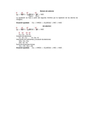 Número de valencia:
0      +5     +2         +2
Cu + HNO3 = Cu(NO3)2 + NO + H2O
                  Red=2   Ox=3
La igualación se hace a partir del segundo miembro por la repetición de los átomos de
nitrógeno.

Ecuación igualada:   3Cu + 8HNO3 = 3Cu(NO3)2 + 2NO + 4H2O

                              Ión electrón:
0    +5    +2        +2
Cu + HNO3 = Cu(NO3)2 + NO + H2O

    0 +2       +5 +2
    Cu = Cu     N=N
Inclusión de electrones:
    Cu - 2e = Cu         N + 3e = N
Intercambio de coeficientes y anulación de electrones:
    3(Cu - 2e = Cu)
    2(N + 3e = N)
Suma de ecuaciones iónicas:
    3Cu + 2N = 3Cu + 2N
Ecuación igualada:       3Cu + 8HNO3 = 3Cu(NO3)2 + 2NO + 4H2O
 