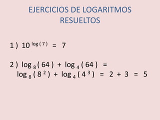 EJERCICIOS DE LOGARITMOS RESUELTOS 1 )  10 log ( 7 )   =   7 2 )  log 8 ( 64 )  +  log 4 ( 64 )   =    log 8 ( 8 2 )  +  log 4 ( 4 3 )   =   2  +  3   =   5  