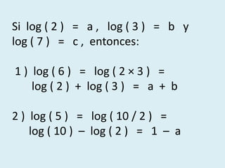 Si  log ( 2 )   =   a ,   log ( 3 )   =   b   y   log ( 7 )   =   c ,  entonces: 1 )  log ( 6 )   =   log ( 2 × 3 )   =       log ( 2 )  +  log ( 3 )   =   a  +  b 2 )  log ( 5 )   =   log ( 10 / 2 )   =     log ( 10 )  –  log ( 2 )   =   1  –  a