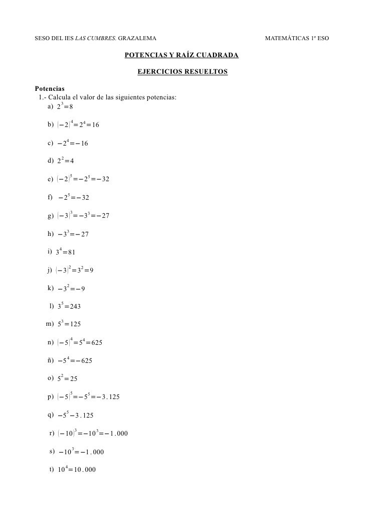 Ejercicios resueltos: POTENCIAS Y RAÍZ CUADRADA 1 Ejercicios resueltos: POTENCIAS Y RAÍZ CUADRADA 1